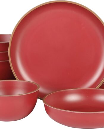12 Piece Double Bowl  Dinnerware Set - Matte Red